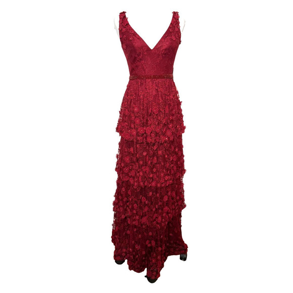 Mac Duggal Gown Dress Tiered Floral Embellished V Neck Deep Red Size 2